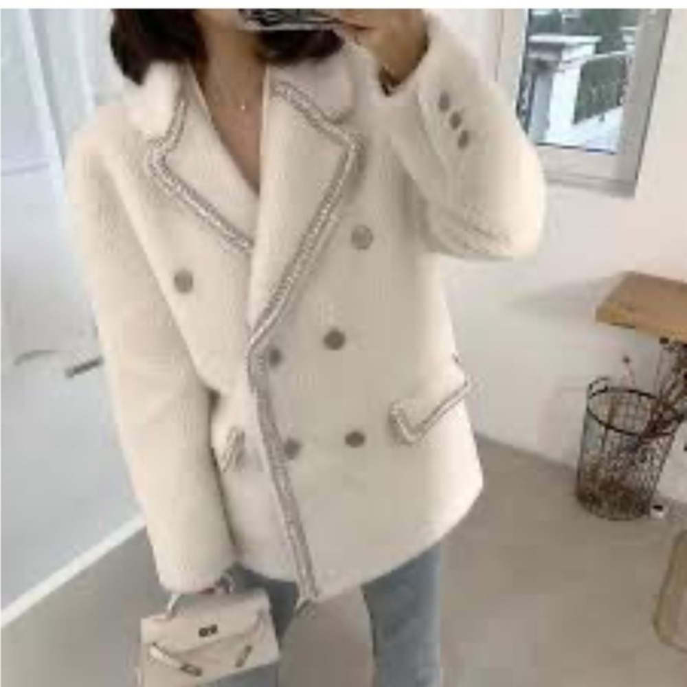 Fuzzy Double Breast White Coat With Metallic Threads & Silver Stamped Buttons - Picture 3 of 14